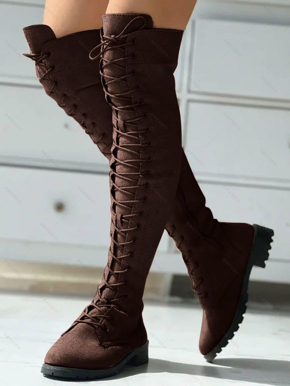 Solid Color Lace Up Over The Knee Boots - Café profond EU 42