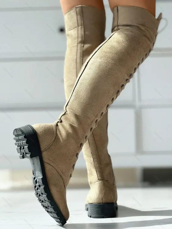 Solid Color Lace Up Over The Knee Boots - Abricot EU 37