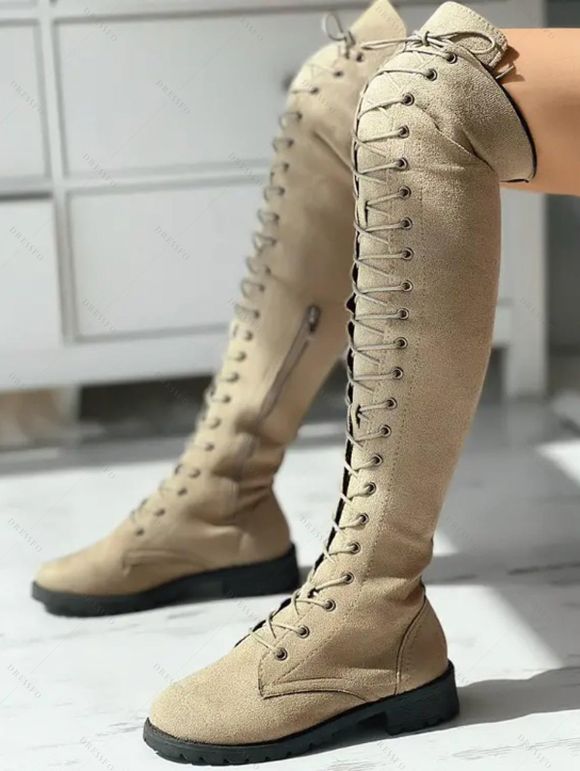 Solid Color Lace Up Over The Knee Boots - Abricot EU 37