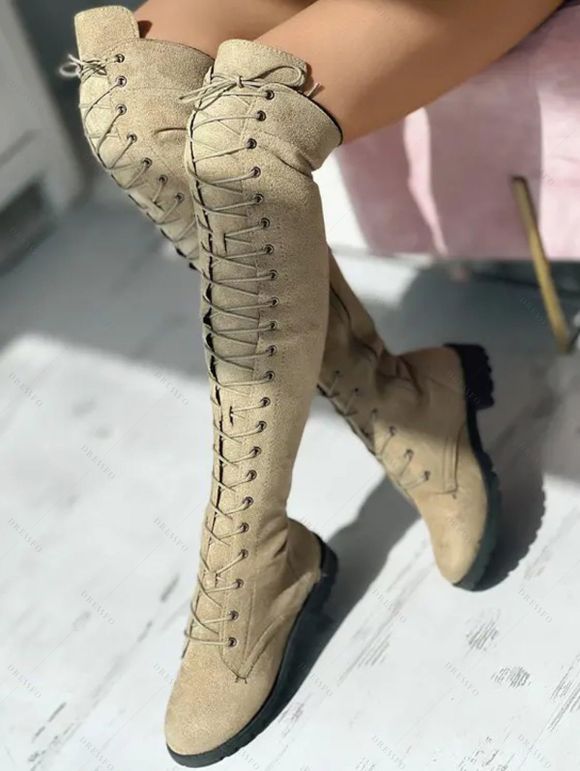 Solid Color Lace Up Over The Knee Boots - Abricot EU 37