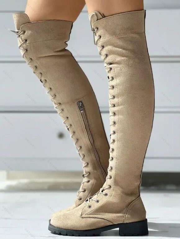 Solid Color Lace Up Over The Knee Boots - Abricot EU 37
