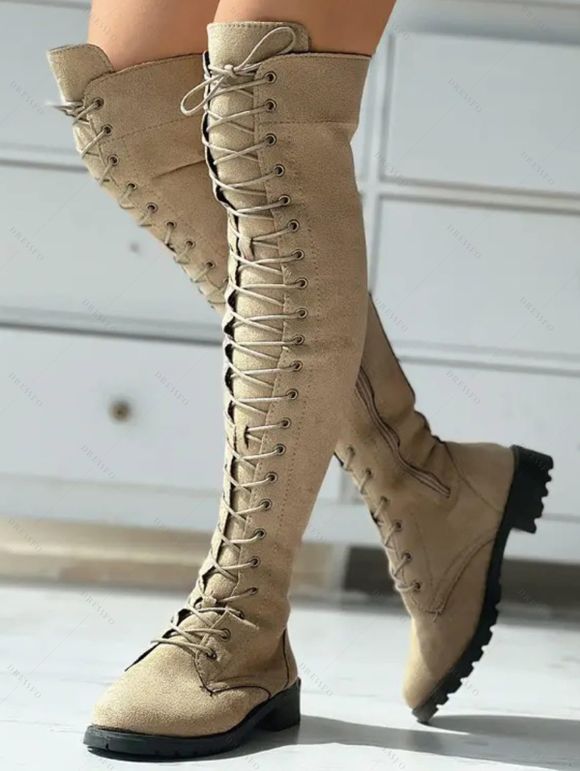 Solid Color Lace Up Over The Knee Boots - Abricot EU 37