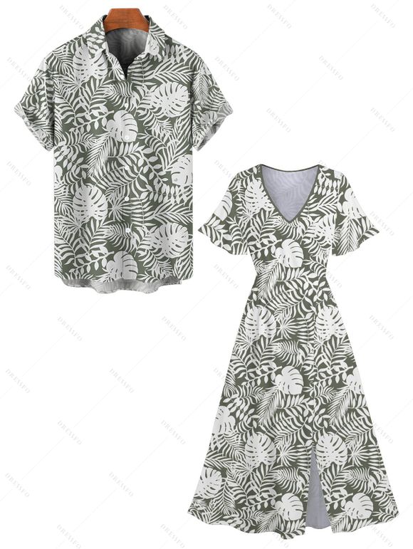 Allover Tropical Leaf Print V Neck Split Hem Vacation Dress And Short Sleeve Shirt Matching Outfit - Vert clair S | US 4