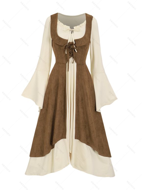 Robe Vintage Asymétrique en Couleur Contrastée à Lacets Ourlet à Volants Fausse Deux Pièces - café lumière S | US 4