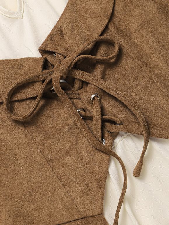 Robe Vintage Asymétrique en Couleur Contrastée à Lacets Ourlet à Volants Fausse Deux Pièces - café lumière XL | US 12