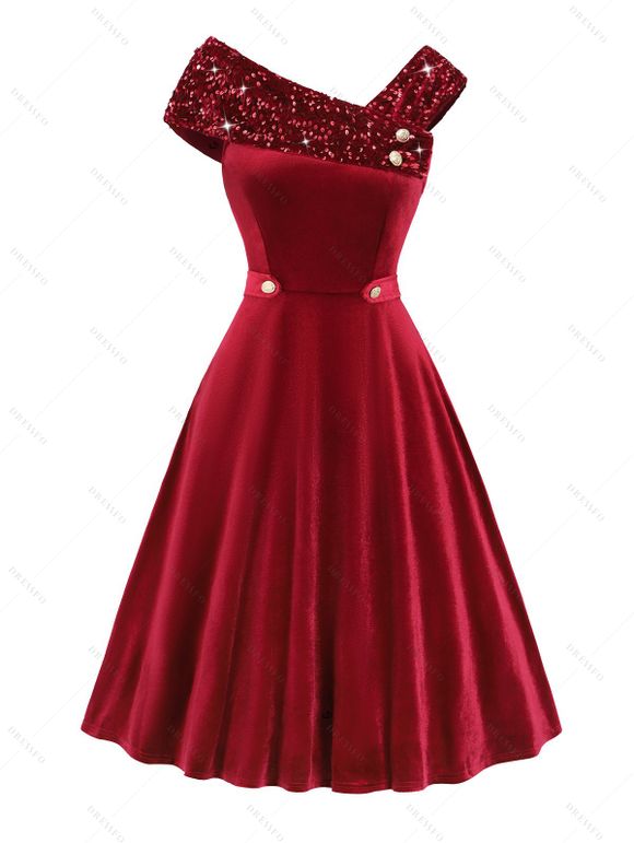 Robe de Soirée Boutonnée à Col Oblique à Paillettes en Velours - Rouge foncé XXL | US 14