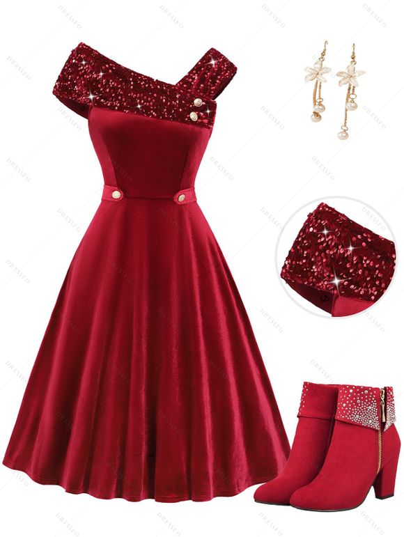 Sequins Skew Collar Mock Button Velour Dress And Rhinestones Zip Up Ankle Boots Drop Earrings Outfit - Rouge foncé S | US 4