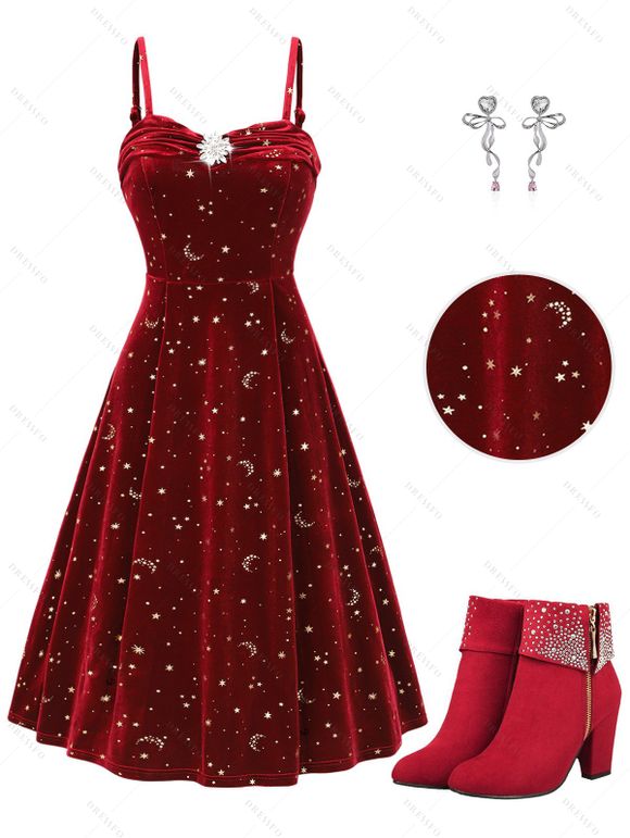 Allover Celestial Sun Moon Star Print Ruched Rhinestone Velour Party Dress And Rhinestones Ankle Boots Drop Earrings Outfit - Rouge foncé S | US 4