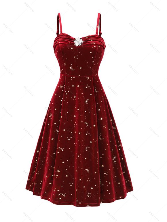 Allover Celestial Sun Moon Star Print Ruched Rhinestone Velour Party Dress And Rhinestones Ankle Boots Drop Earrings Outfit - Rouge foncé S | US 4
