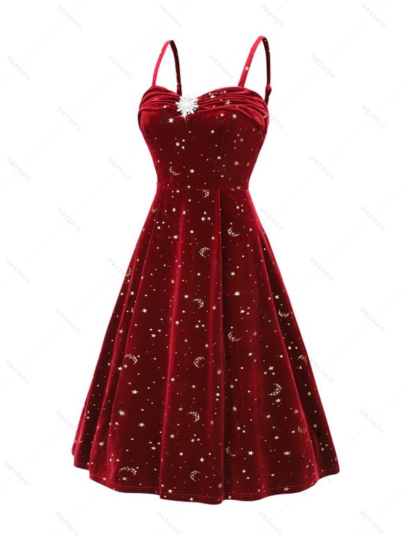 Allover Celestial Sun Moon Star Print Ruched Rhinestone Velour Party Dress And Rhinestones Ankle Boots Drop Earrings Outfit - Rouge foncé S | US 4