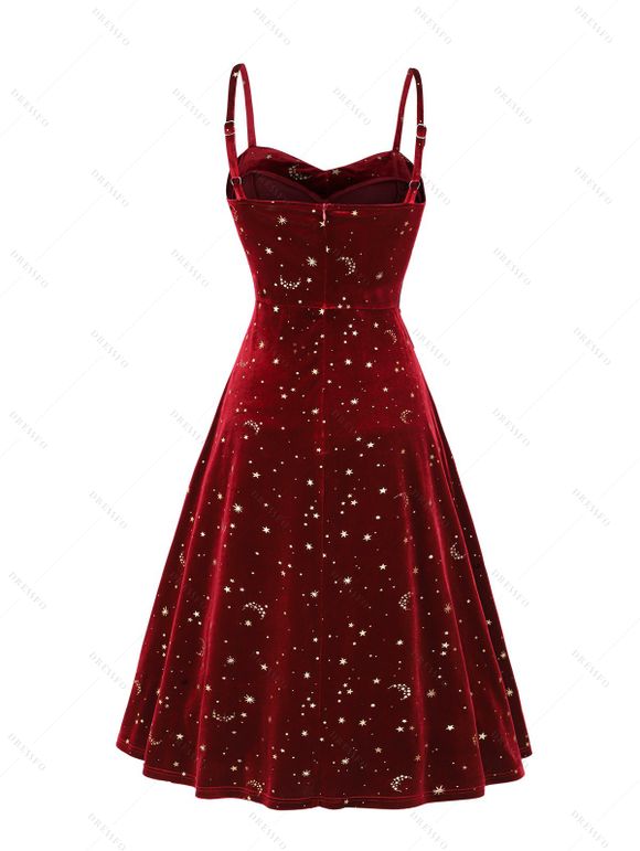 Allover Celestial Sun Moon Star Print Ruched Rhinestone Velour Party Dress And Rhinestones Ankle Boots Drop Earrings Outfit - Rouge foncé S | US 4