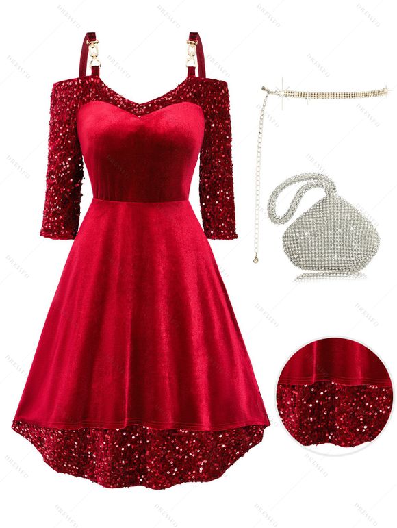 Cold Shoulder Sequins Sweetheart Neck Mini Dress And Faux Diamond Triangle Party Bag Rhinestone Belt Outfit - Rouge foncé S | US 4