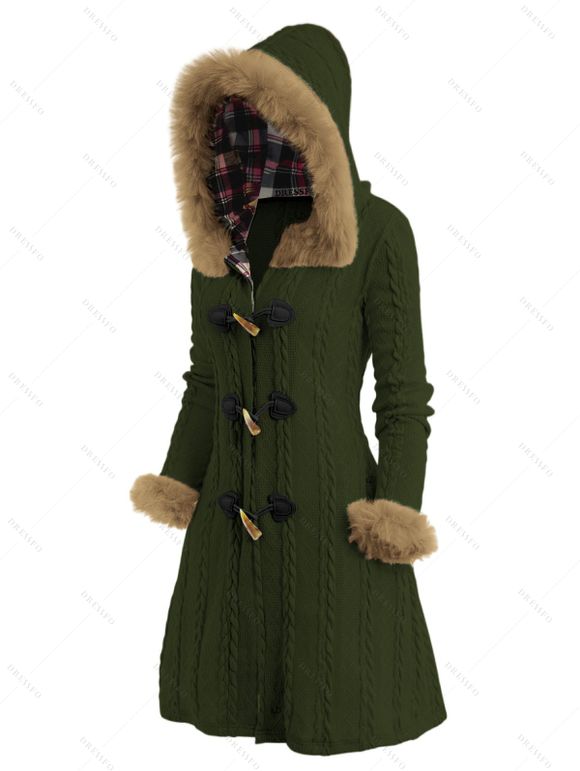 Manteau à Capuche Long Boutonné Panneau à Carreaux en Fausse Fourrure - Vert profond S | US 4