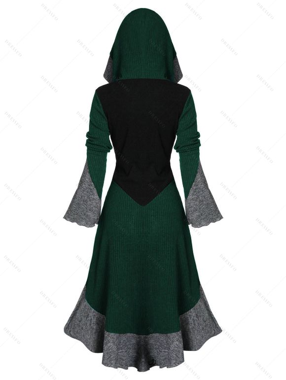 Robe à Capuche Tricotée Boutonnée en Blocs de Couleurs Ourlet Haut Bas à Manches Evasées - Vert profond XXL | US 14
