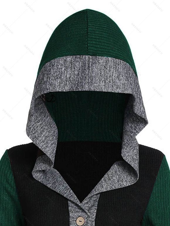 Robe à Capuche Tricotée Boutonnée en Blocs de Couleurs Ourlet Haut Bas à Manches Evasées - Vert profond XXL | US 14