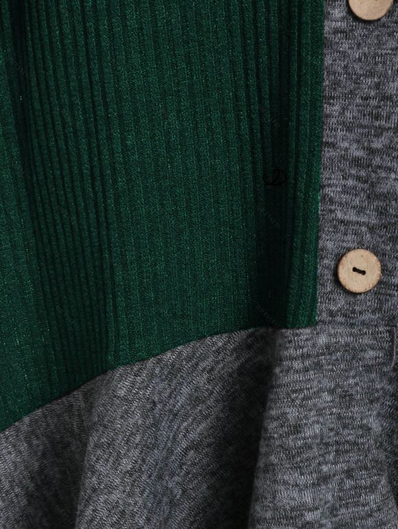 Robe à Capuche Tricotée Boutonnée en Blocs de Couleurs Ourlet Haut Bas à Manches Evasées - Vert profond XXL | US 14