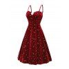 Robe Mi-Longue en Velours à Imprimé Fleur Lune Soleil et Strass - Rouge foncé XXL | US 14