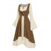 Robe Vintage Asymétrique en Couleur Contrastée à Lacets Ourlet à Volants Fausse Deux Pièces - café lumière XL | US 12