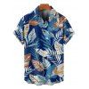 Chemise de Plage de Vacances Feuille Tropicale Imprimée Boutonnée Manches Courtes à Col Relevé - Bleu profond S