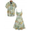 Vacation Tropical Leaf Print Spaghetti Strap Mini Dress And Short Sleeve Shirt Matching Outfit - Vert clair S | US 4