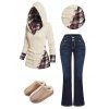 Twisted Cable Knit Plaid Print Ruched Hooded Sweater And Leaf Embroidery Double Buttons Jeans Fleece-Lining Slippers Outfit - Beige S | US 4