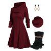 Hooded Cable Knit Arm Warmer Sweater Dress Set And Faux Fur Lining Mid-calf Boots Round Drop Earrings Outfit - Rouge foncé S | US 4