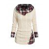 Twisted Cable Knit Plaid Print Ruched Hooded Sweater And Leaf Embroidery Double Buttons Jeans Fleece-Lining Slippers Outfit - Beige S | US 4