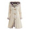 Cable Knit Plaid Horn Button Faux Fur Hooded Coat And Warm Ethnic High Boots Teardrop Earrings Outfit - Beige S | US 4