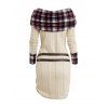 Plaid Foldover Cable Knit Ruched Belted Mini Sweater Dress And Ethnic Style Mid-calf Boots Hollow Out Drop Earrings Outfit - Beige S | US 4