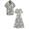 Allover Tropical Leaf Print V Neck Split Hem Vacation Dress And Short Sleeve Shirt Matching Outfit - Vert clair S | US 4