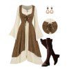 Contrast Color Lace Up Ruffles Asymmetric Hem Vintage Dress And Lace Up Over The Knee Boots Hollow Out Drop Earrings Outfit - Café profond S | US 4