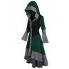 Colorblock High Low Hooded Knit Dress Button Up Flare Sleeve Flounce Hem Knitted Dress