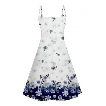 Plant Print V Neck High Waist Spaghetti Strap Dress Sleeveless Summer A Line Cami Dress 