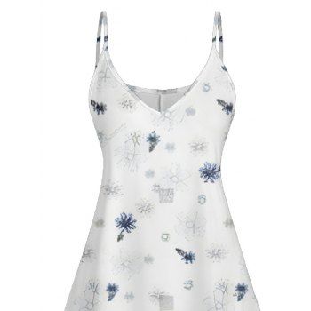 Plant Print V Neck High Waist Spaghetti Strap Dress Sleeveless Summer A Line Cami Dress 