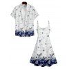 Plant Print V Neck High Waist Spaghetti Strap Dress and Button Up Short Sleeve Shirt Outfit - Blanc S | US 4