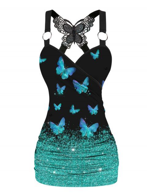 Shiny Butterfly Print Lace Insert Surplice Neck O Ring Ruched Tank Top