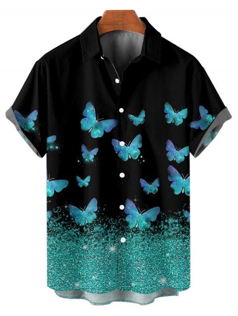 Chemise Brillante Papillon Imprimé Boutonnée à Manches Courtes