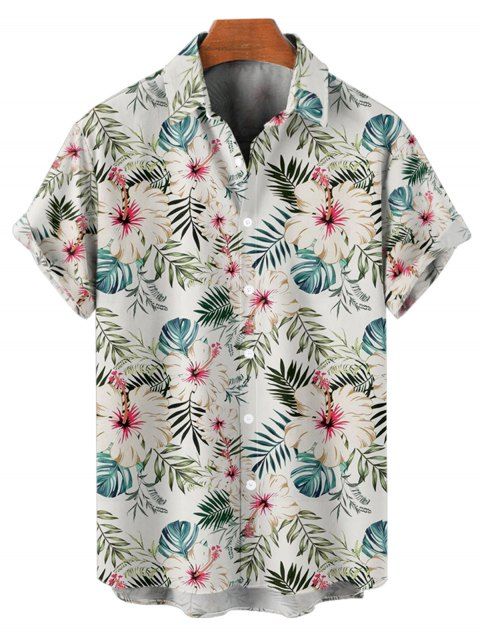 Chemise de Vacances Fleur Feuille Tropicale Imprimée Boutonnée à Manches Courtes