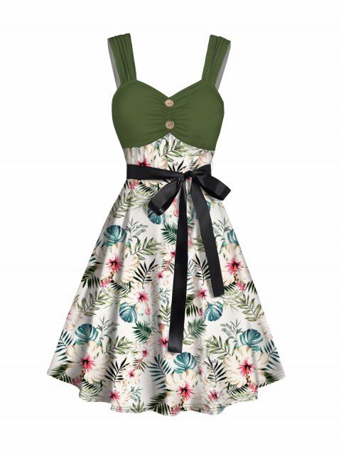 Mini Robe de Vacances Ceinturée Fleur Tropicale Imprimée en Blocs de Couleurs à Volants