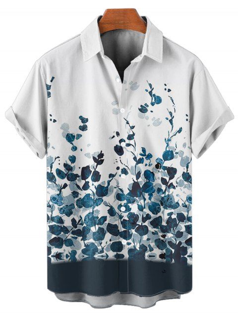 Chemise Boutonnée Peinture Feuille et Fleur Imprimées à Manches Courtes