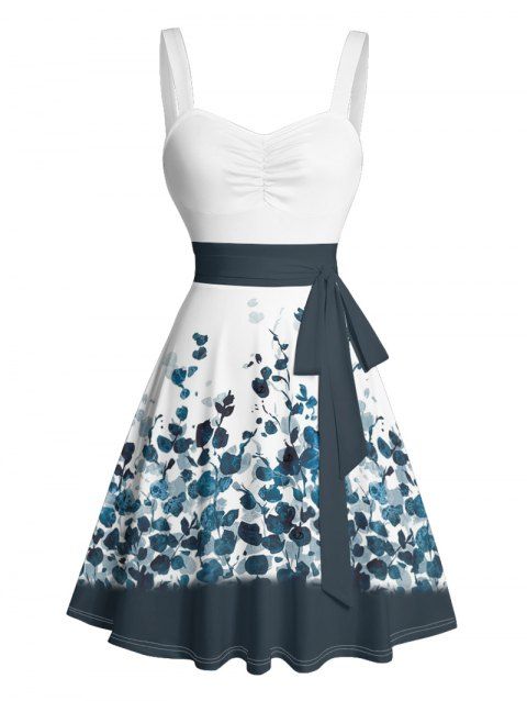 Ombre Leaf Flower Painting Print Sweetheart Neck Ruched Bust Belted Mini Dress