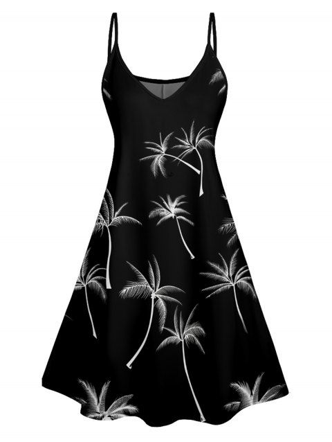 Palm Tree Print V Neck Spaghetti Strap A Line Vacation Dress