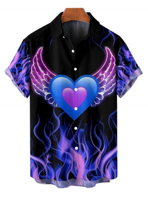 Chemise Boutonnée Cœur Aile en Flamme Imprimé à Manches Courtes Saint-Valentin