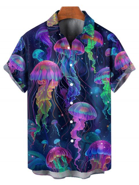 Psychedelic Jellyfish Print Button Up Short Sleeve Vacation Shirt