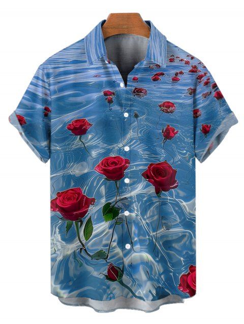 Rose Ocean Print Short Sleeve Shirt Button Up Turndown Collar Shirt
