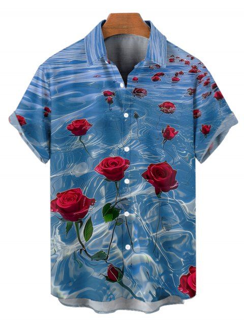 Chemise Boutonnée Rose Océan Imprimée Manches Courtes à Col Relevé