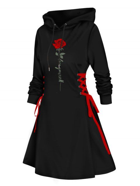 Valentine's Day Rose Print Lace Up Mini Hooded Dress