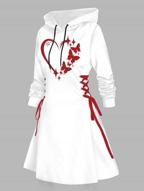 Valentine's Day Contrast Heart Star Print Lace Up Mini Hooded Dress