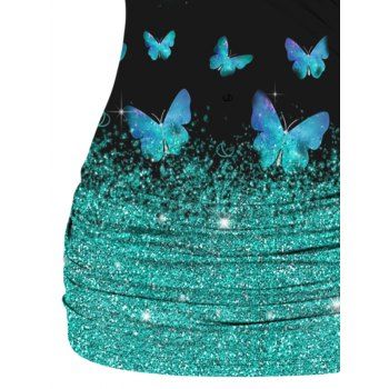 Shiny Butterfly Print Lace Insert Surplice Neck O Ring Ruched Tank Top