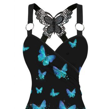 Shiny Butterfly Print Lace Insert Surplice Neck O Ring Ruched Tank Top 
